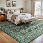 Lessymo 9x12 Area Rugs for Living Room, Machine Washable Non Slip Large Rug, Soft Low Pile Carpet for Bedroom Dining Office, Vintage Dark Green Distressed Floral Floor Decor