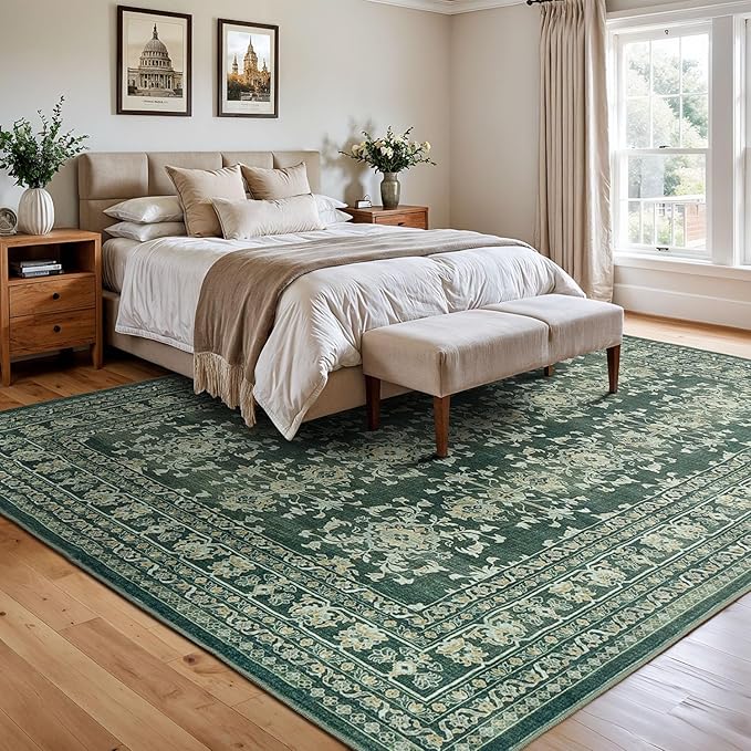 Lessymo 8x10 Area Rugs for Living Room, Machine Washable Non Slip Large Rug, Soft Low Pile Carpet for Bedroom Dining Office, Vintage Dark Green Distressed Floral Floor Decor
