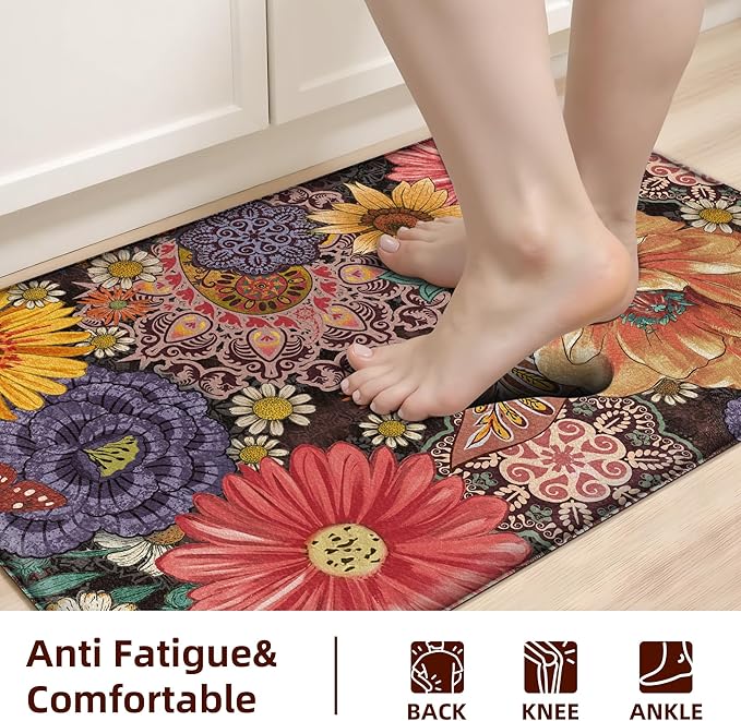 Boho Floral Kitchen Mats for Floor 2PCS Anti Fatigue Mats for Kitchen Floor Cushioned Non Slip Waterproof Memory Foam PVC Kitchen Rugs Set for Sink,Office,Laundry 17.3"x28"+17.3"x47"