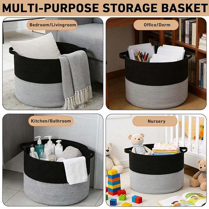 90L Large Blanket Basket,21.7"L x 21.7"W x 13.8"H Rope Woven Baskets with Handles, Toys Storage Bins,Laundry Basket Perfect for Living Room, Nursery,Bedroom,Home Organization,Black&Light Grey