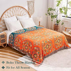 Boho Throw Blanket 100% Cotton Ultra Soft Luxury Throw Rustic Quilt 50"x60" Floral Printed Farmhouse Decor Bed Summer Blankets All Season Rustic Reversible Bohemian Throw for Bed Orange