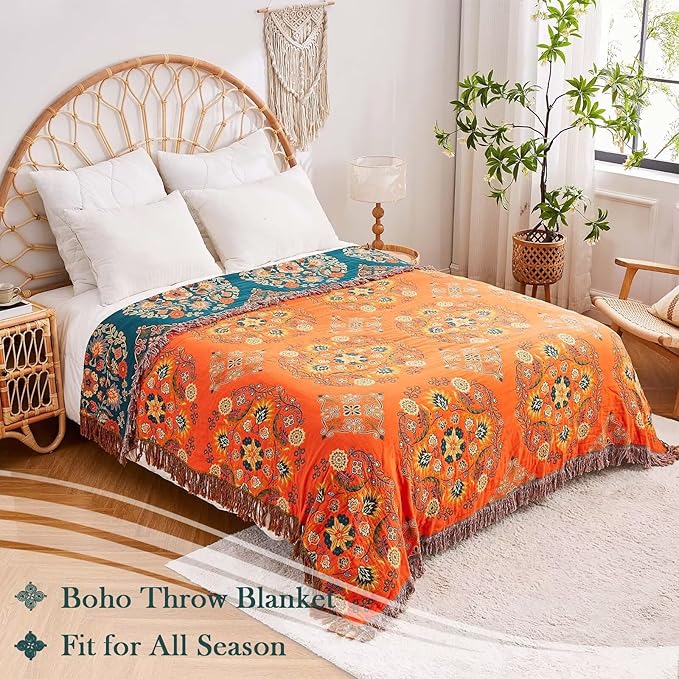 Boho Throw Blanket 100% Cotton Ultra Soft Luxury Throw Rustic Quilt 50"x60" Floral Printed Farmhouse Decor Bed Summer Blankets All Season Rustic Reversible Bohemian Throw for Bed Orange