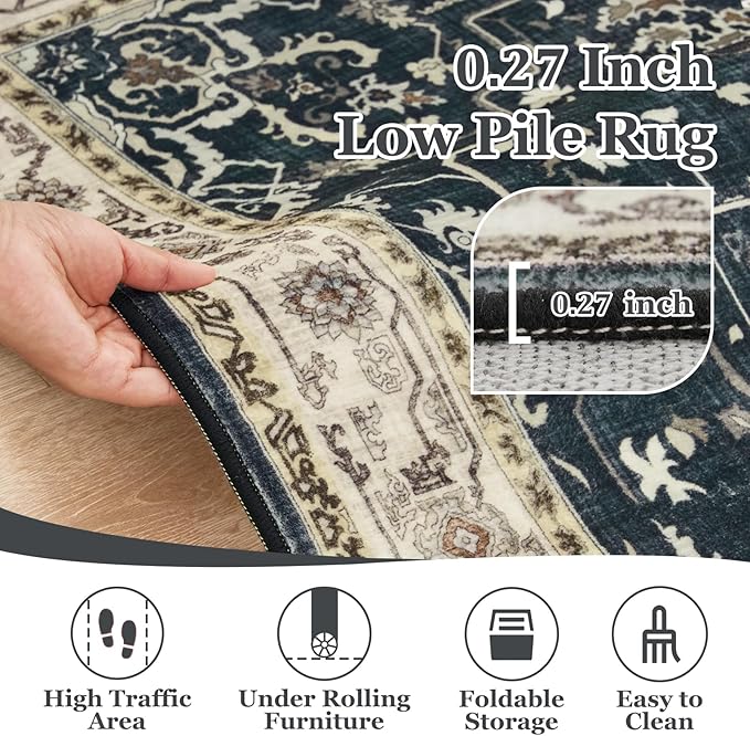 Dark Round Rugs 4ft for Entryway, Low Pile Thin Washable Small Circle Rug for Bedroom Living Room Non Slip, Tranditional Medallion Round Carpet for Kitchen Dining Room, Midnight/Multi