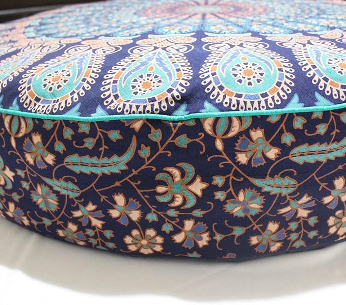 Indian Mandala Floor Pillow Seating Throw Boho Meditation Cushion Cover Hippie Decorative Bohemian Round Ottoman Yoga Pouf Pom Case Large Sham Home Decor Outdoor Comfortable