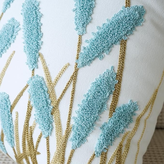vctops Farmhouse Pampas Grass Cotton Tufted Throw Pillow Cover Boho Embroidery Pillowcase Soft Square Cushion Case for Sofa Couch Bed Chair (Blue C,18"x18")