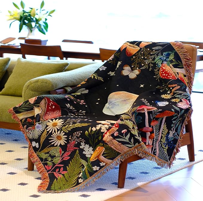 Woven Throw Blanket Moon Plant Boho Chic Decor Reversible Cute Cotton Boho Throw Blanket Witchy Throws Blankets with Tassels Moonlit Garden Blankets Bohemian Room Decor Luxury Christmas Throws 51”x59”