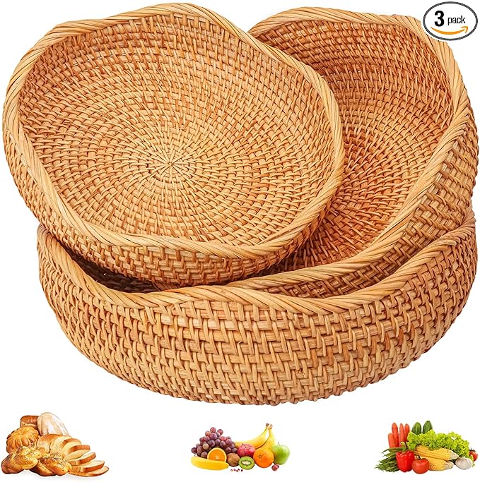3 PCS Rattan Bread Basket - 3 Size Authentic Handmade Decorative Woven Baskets for Kitchen, Round Rattan Fruit Baskets Bowls for Table, Kitchen Decor