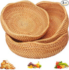 3 PCS Rattan Bread Basket - 3 Size Authentic Handmade Decorative Woven Baskets for Kitchen, Round Rattan Fruit Baskets Bowls for Table, Kitchen Decor