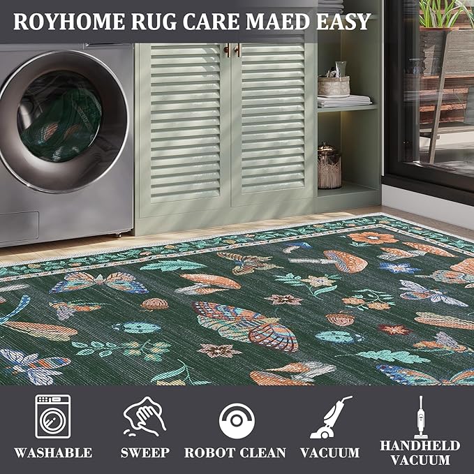 Washable Rug 5x7 Area Rugs for Living Room, Mushroom Insect Rug for Bedroom, 5x7 Rug Non Slip Throw Rugs with Rubber Back, Low Pile Stain Resistant Modern Carpet for Dining Room Dorm,Black