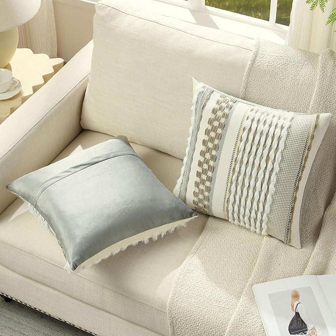 FUTEI Brown Grey Accent Throw Pillow Covers Set of 2, 20x20 Inch Plush Tufted Striped Textured Decorative Cushion Cases for Farmhouse Boho Couch Decor