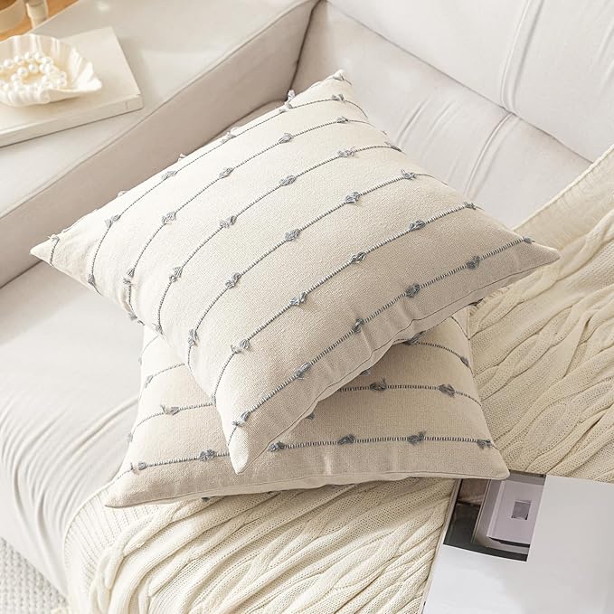Boho Throw Pillow Covers 16x16 Set of 2 Modern Farmhouse Decorative Cushion Case Tufted Square Pillows Cover Neutral Pillow Cases Accent Pillowcase for Sofa,Couch,Bed,Beige and Grey