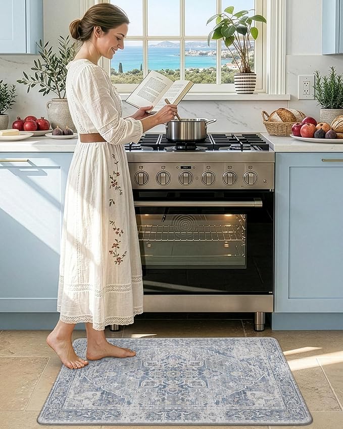 DEXI Kitchen Mats for Floor Cushioned, 23x35 Wide Runner Rug Non Slip, Waterproof Soft Comfort Standing Padded Anti Fatigue Decorative, Light Grey and Blue