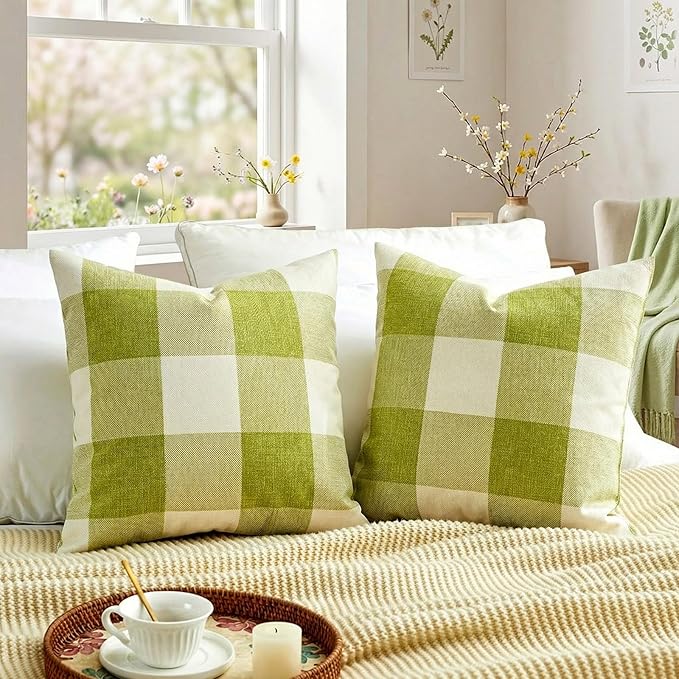 CARRIE HOME Spring Outdoor Green Plaid Pillow Covers 18x18 Set of 2, Green Farmhouse Buffalo Plaid Throw Pillows, Spring Outdoor Front Porch Decor Gingham Pillow Covers (No Pillow Inserts)