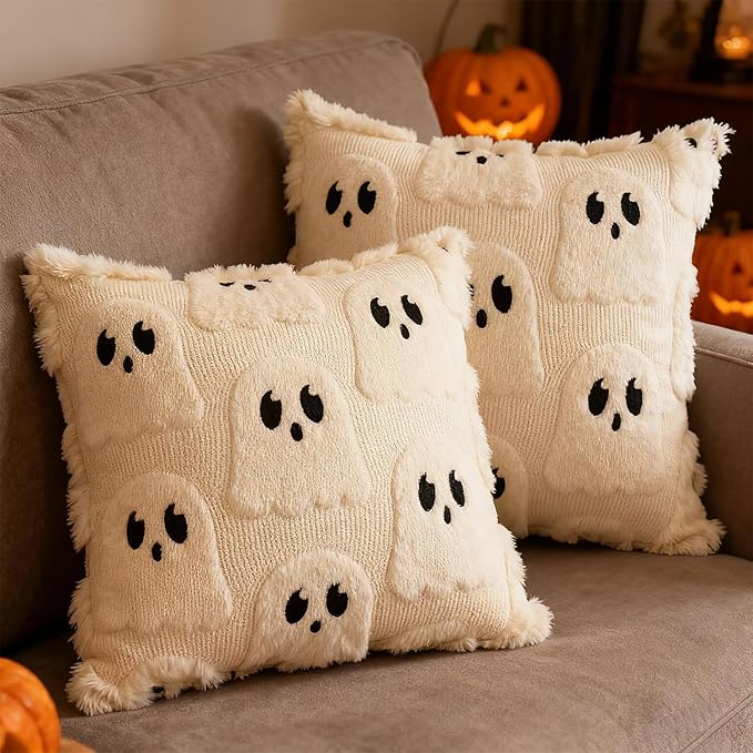 Halloween Decorative Pillow Covers 18x18 Set of 2 Ghost Throw Pillow Covers, Faux Fur Soft Pillow Cover Fluffy Plush Accent Throw Pillow Case, Throw Pillow Cover Cushion Cover for Home Decor, Khaki