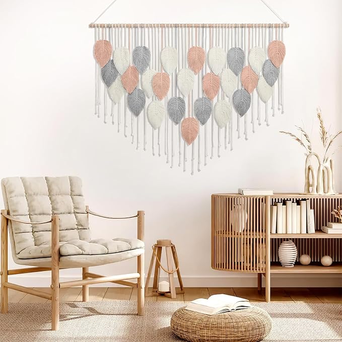 Alynsehom Large Macrame Wall Hanging, Boho Woven Tapestry, Chic Modern Bohemian Handmade Leaf Feather Wall Art Home Decor for Apartment Dorm Living Room Bedroom Nursery Backdrop (51.5" W X 33.5" L)