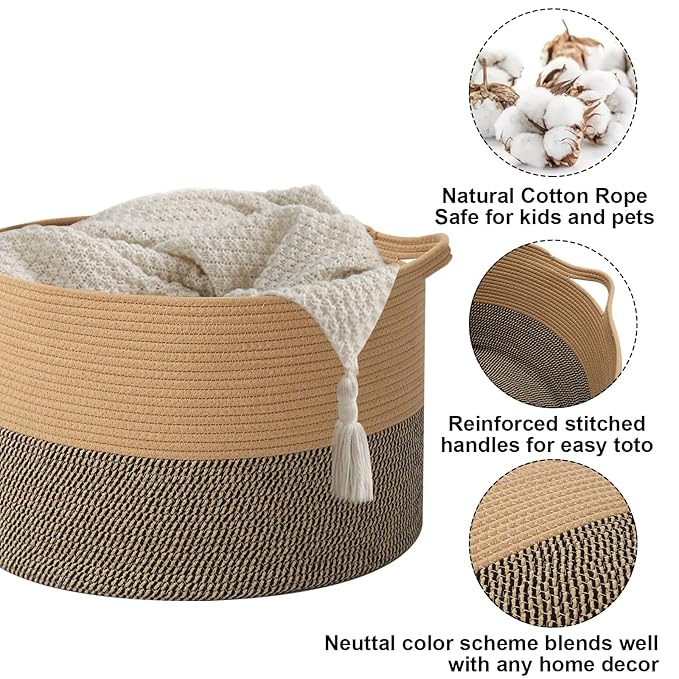 90L Large Blanket Basket,21.7"L x 21.7"W x 13.8"H Rope Woven Baskets with Handles, Toys Storage Bins,Laundry Basket Perfect for Living Room, Nursery,Bedroom,Home Organization,Jute&Black