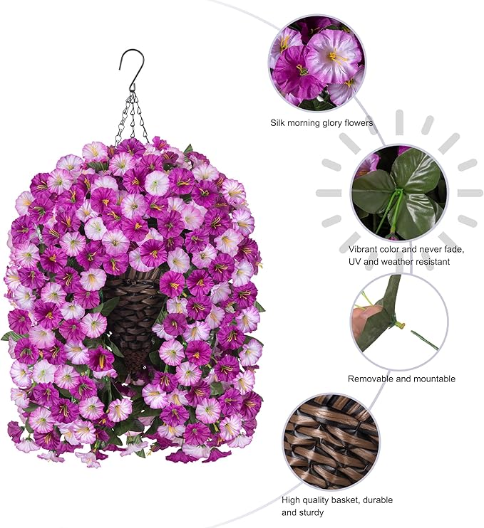Artificial Fake Hanging Flowers Basket for Outdoor Indoor Decoration,UV Resistant Faux Silk Light Fuchsia and Fuchsia Morning Glory Flowers Plants Realistic Hanging Planter for Outside Home Porch Yard