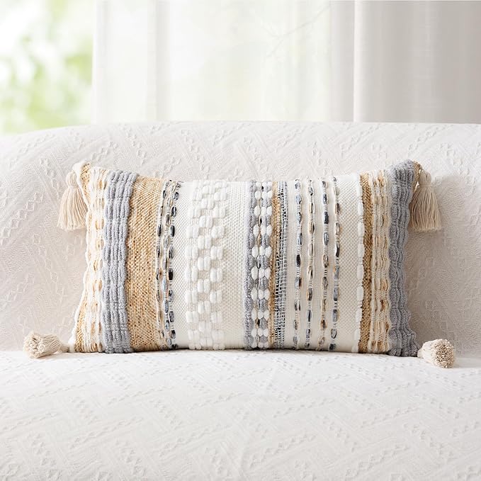 Kevin Textile 12x24 Inch Spring Lumbar Throw Pillow Cover 1 Pack Boho Decorative Soft Chenille Thread Woven Tufted Textured Rectangle Cushion Case Accent for Living Room Couch Sofa Bed, Beige
