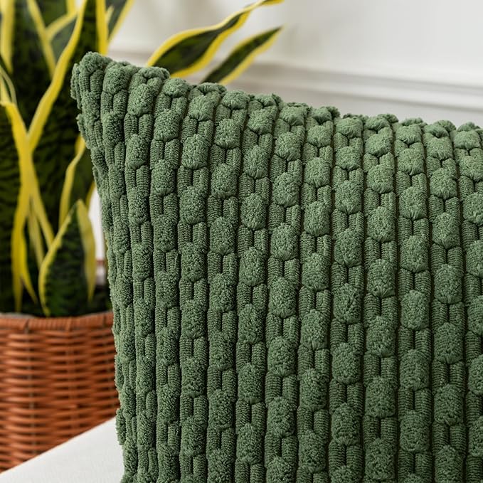 Kevin Textile Spring 14x20 Inch Pillow Cover 1 Pack Boho Decorative Soft Striped Corduroy Lumbar Farmhouse Solid Color Accent Rectangle Cushion Case for Living Room Couch Sofa Bed, Moss Green