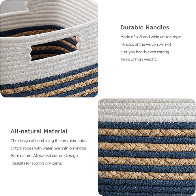 UBBCARE Storage Cubes 11 X 10.5 X 10.5 in, Water Hyacinth Storage Bins for shelves, Toys, Book, Storage Baskets with Handles, Cotton Rope Woven Baskets for Organizing, Navy Blue