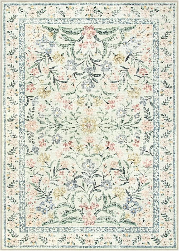 Lahome Boho Rugs for Living Room 5x7, Machine Washable Area Rugs Non-Slip, Vintage Floral Soft Kids Bedroom Carpet Rug for Home Girls Playroom Foyer Entryway, Beige/Multi