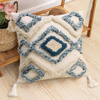 JASEN Boho Decorative Throw Pillow Cover，Blue and Beige Woven Tufted Pillow Cover with Tassels Bohemia Pillow Covers for Couch Sofa Bedroom Living Room 18x18 Inch