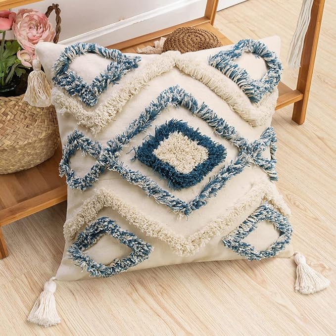 JASEN Boho Decorative Throw Pillow Cover，Blue and Beige Woven Tufted Pillow Cover with Tassels Bohemia Pillow Covers for Couch Sofa Bedroom Living Room 18x18 Inch