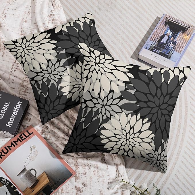 Black Cream Grey Gray Pillow Covers 22X22 Inch Set of 2, Modern Dahlia Floral Print Decorative Throw Pillow Covers Outdoor Farmhouse Cushion Case for Home Couch Sofa Bed Decoration