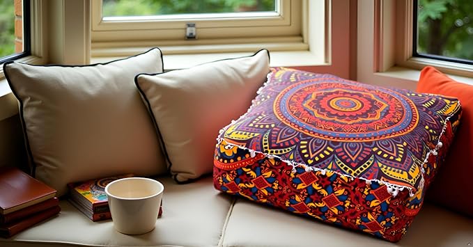 CRAFT KALA Large Hippie Mandala Meditation Floor Ottoman Pillow Cushion Pouf Cover Square Poufs Bohemian Circle Floor Cushion Case Outdoor Fireplace Yoga Living Room Decor Cover New Orange, 24" Square