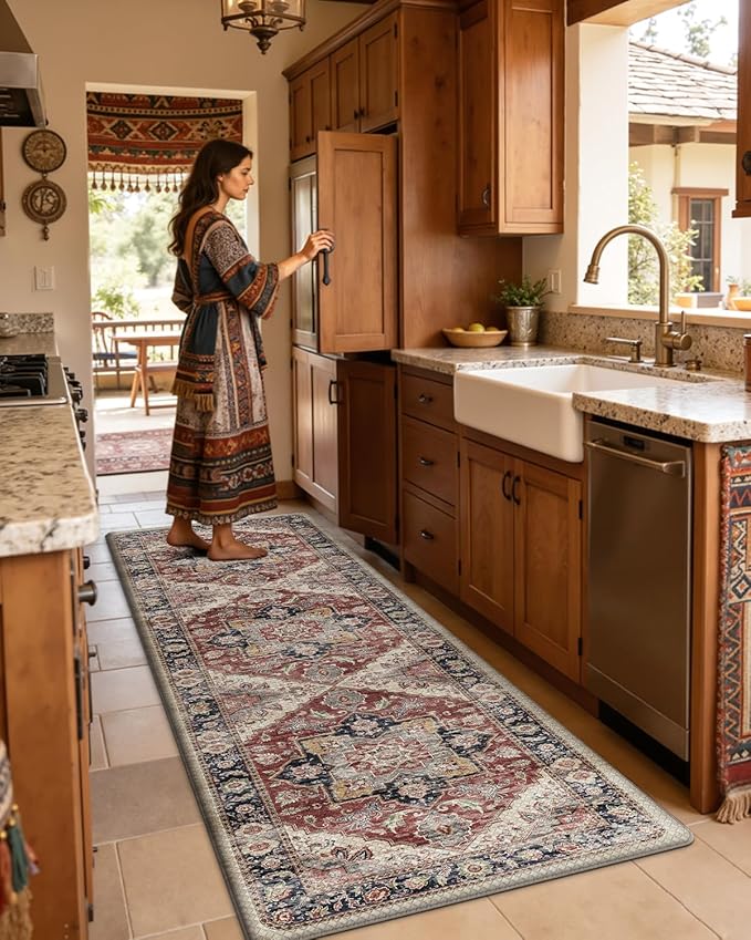 DEXI Kitchen Floor Mats Anti Fatigue, 23x59 Large Cushioned Vintage Runner Rug Waterproof, Standing Comfort Memory Foam Padded for Front Sink Laundry Office, Beige and Red