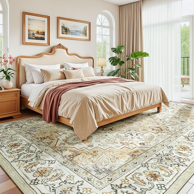 Lessymo 8 x 10 Area Rugs for Living Room, Machine Washable Area Rugs Boho Faux Wool Low Pile Area Rug for Bedroom, Floral Medallion Vintage Rugs with Non-Slip Rubber, Kid & Pet Friendly,Beige