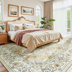 Lessymo 8 x 10 Area Rugs for Living Room, Machine Washable Area Rugs Boho Faux Wool Low Pile Area Rug for Bedroom, Floral Medallion Vintage Rugs with Non-Slip Rubber, Kid & Pet Friendly,Beige