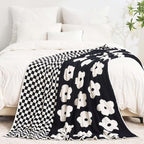 Checkered Throw Blanket, Black Super Soft Knit Breathable Throw Blanket, Cozy Fluffy Reversible Checkerboard Flower Fuzzy Blanket for Couch Sofa Bed Living Room Decor 60 x 80 Inch