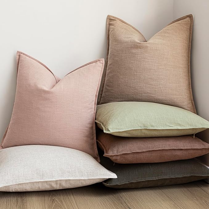 Foindtower Pack of 2, Decorative Linen Solid Throw Pillow Covers Soft Accent Cushion Case Boho Farmhouse Pillowcase for Bed Chair Couch Sofa Bedroom Living Room Home Decor 22 x 22 Inch Light Pink