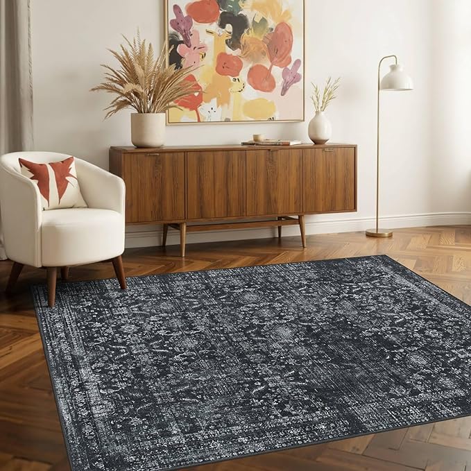 3x5 Rug for Entryway Bedroom, Black 3x5 Washable Area Rug, Vintage Retro Boho Throw Rug, Non Slip & Low Pile Small Carpet for Indoor Kitchen, Bedside, Living Room, Bathroom and Dining