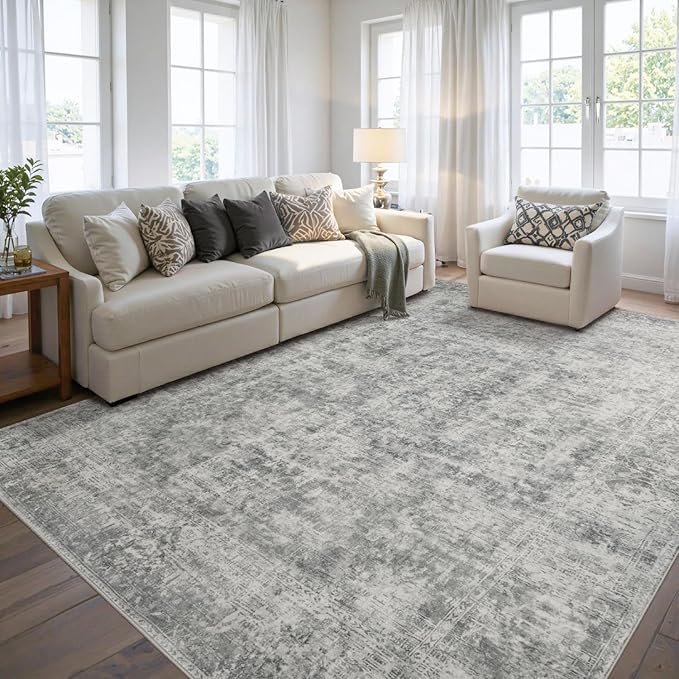 5x7 Area Rugs for Living Room Bedroom, Grey Washable Rug, Neutral Abstract Boho Rug, Non Slip & Low Pile Faux Wool Carpet for Indoor Dining Room and Farmhouse(Grey 5x7ft)