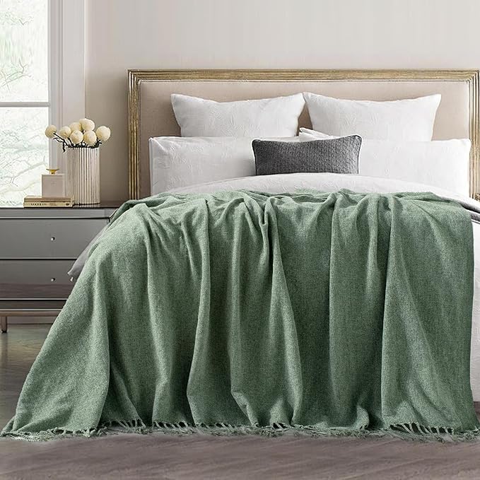 Chenille Throw Blanket for Couch with Tassels,50"X60" Soft Lightweight Knitted Boho Decorative Blankets for Bed and Sofa,Sage Green