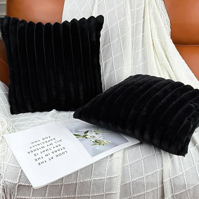 24x24 Throw Pillow Covers Set of 2, Decorative Faux Fur Covers for Bed, Couch Soft Fluffy Pillow Cover with Velvet Back for Living Room, Neutral Home Décor Accent for Sofa - Black