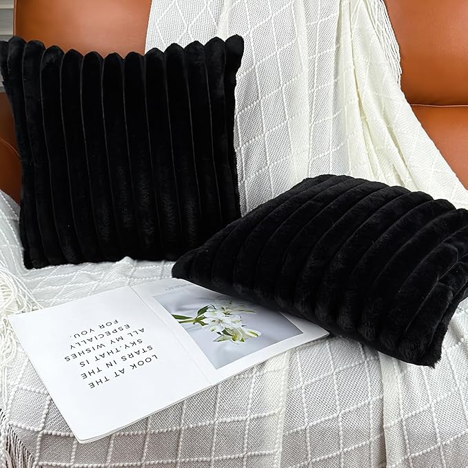 16x16 Throw Pillow Covers Set of 2, Decorative Faux Fur Covers for Bed, Couch Soft Fluffy Pillow Cover with Velvet Back for Living Room, Neutral Home Décor Accent for Sofa - Black
