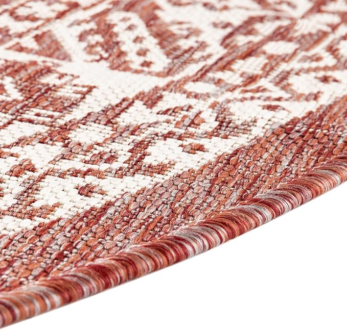 Rugs.com Outdoor Aztec Collection Rug – 3 Ft Round Rust Red Flatweave Rug Perfect for Kitchens, Dining Rooms