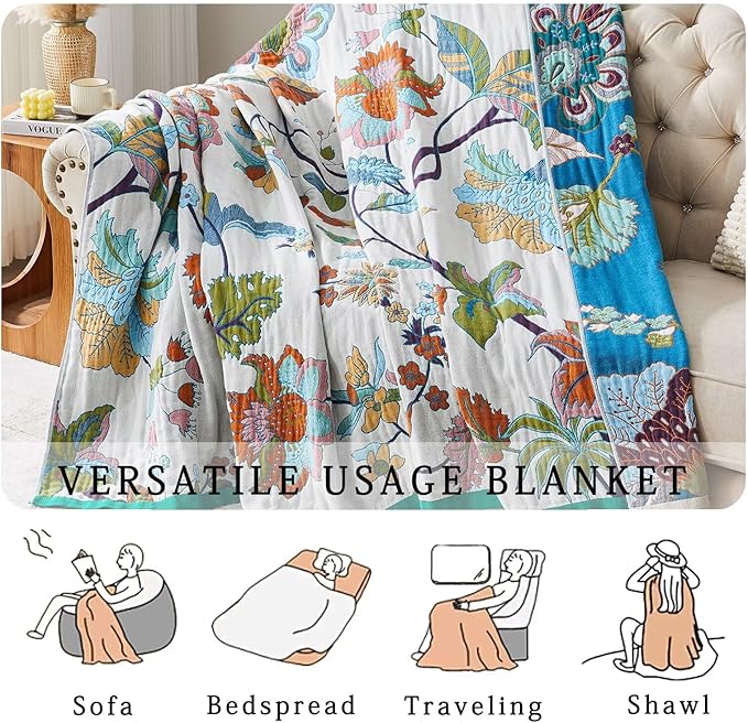 Boho Blanket Soft Muslin BohoThrow Blanket, 100% Cotton Floral Printed Farmhouse Decor All Season Reversible Rustic Throw for Sofa Couch Chair (50"x60")