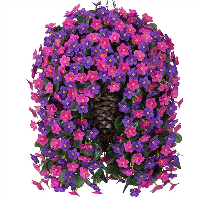 Artificial Fake Hanging Flowers with Basket for Outdoor Decoration,UV Resistant Faux Silk Daisy Flowers Dark Purple and Fuchsia Orchid Vines in Planter Realistic Hanging Baskets for Home Porch Garden