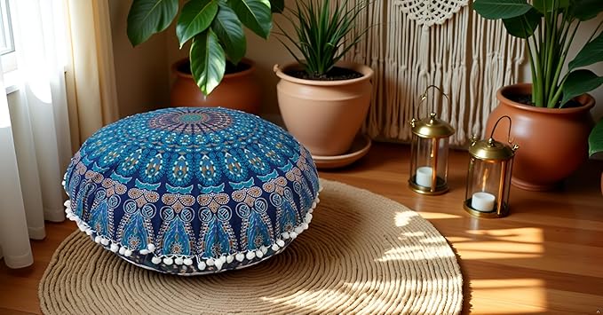 ICC Large Hippie Elephant Mandala Floor Pillow Cover - Cushion Cover - Pouf Cover Round Bohemian Yoga Decor Floor Cushion Case- 32" (Green Peacock)
