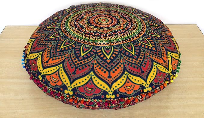 ICC 32 Inch Floor Pillows & Cushions Covers Decorative Hippie Mandala Pouf Pillow Covers Bohemian Seating Meditation Cushion Cover Large Boho Ottoman Case Pillowcase for Couch Blue Multi
