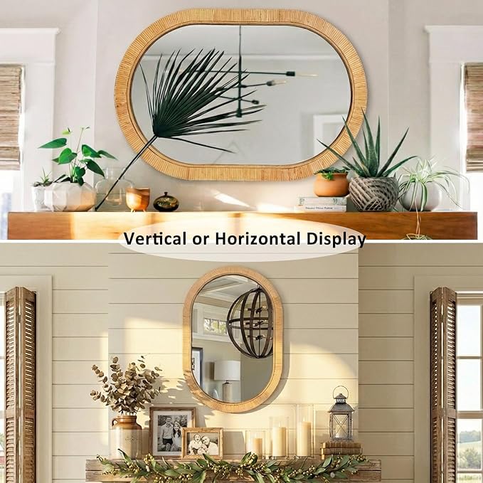 Handmade Rattan Mirror for Bathroom Vanity – Oval Wicker Frame Boho Wall Decor - Natural Nursery Decor Accent (20" x 30")
