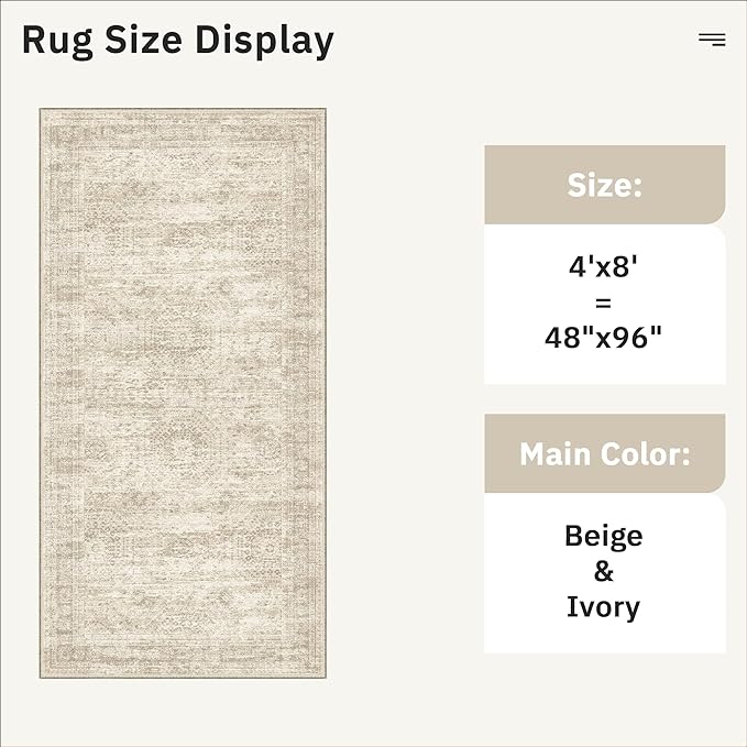 Hallway Runner Rug 4x8 Wide: Washable Thin Runners for Hallways Entry, Non Slip Soft Vintage Kitchen Area Rugs for Living Room Bedroom Dining Room Foyer (Beige, 4x8)