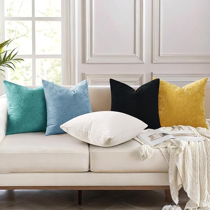 decorUhome Chenille Turquoise Spring Throw Pillow Covers 12x20 Inch Set of 2, Decorative Soft Couch Pillow Covers Solid Dyed Accent Farmhouse Neutral Rectangle Pillow Cases for Sofa