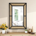 Rattan Mirror for Wall Decor Bohemian Rectangular Large Mirror 35.5" x 23.6", Farmhouse Decorative Wall-Mounted Mirrors, Hanging Mirrors, Woven Wicker, Black Wood Frame