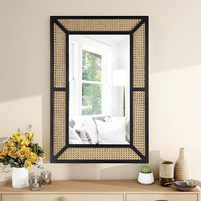 Rattan Mirror for Wall Decor Bohemian Rectangular Large Mirror 35.5" x 23.6", Farmhouse Decorative Wall-Mounted Mirrors, Hanging Mirrors, Woven Wicker, Black Wood Frame