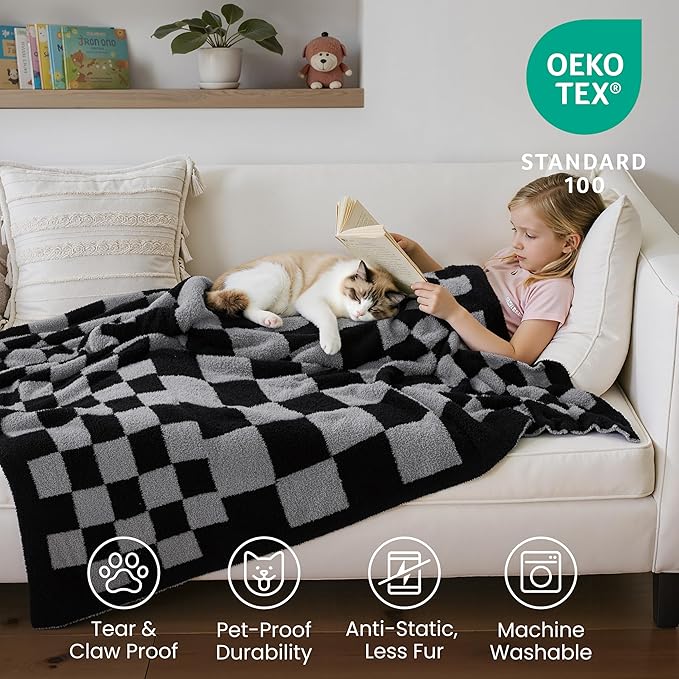 Joiedomi Throw Blanket for Couch, Black Grey Checkered Knitted Blankets Gifts for Women Mom Girls, Cozy Cute Soft Throw Home Room Decor Aesthetic Women Mothers Birthday Gifts 50x60 Inches